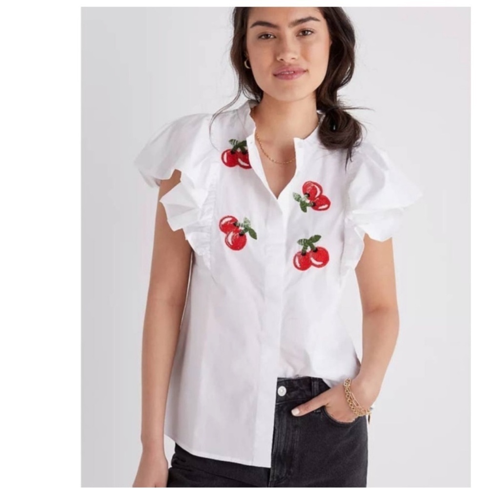 Anthropologie Dhruv Kapoor Cherries Sequin
Sleeveless Ruffled Button Blouse Top - Picture 1 of 9